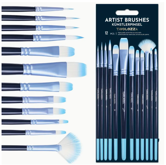 TAVOLOZZA Paint Brushes Set Of 12 Different Shapes Ergonomic Professional Wood Handles